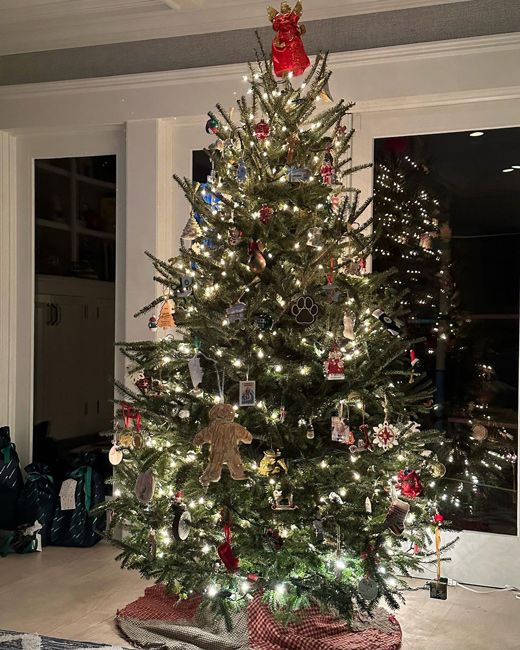 a tall christmas tree stands lit up at night in a living room and covered with toy themed ornaments and ginerbread men with a red angel on top