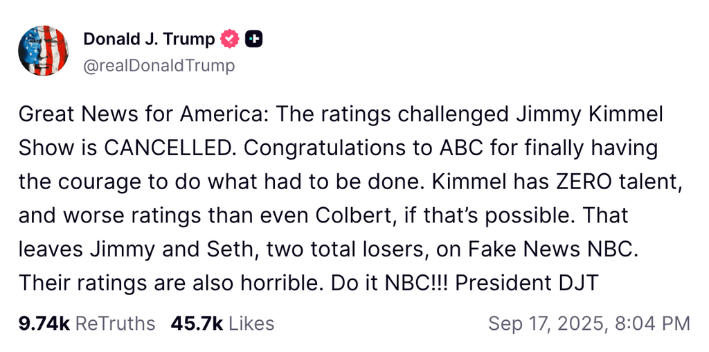 Screenshot from Donald Trump's Truth social post reacting to news Jimmy Kimmel was pulled from ABC's programming indefinitely