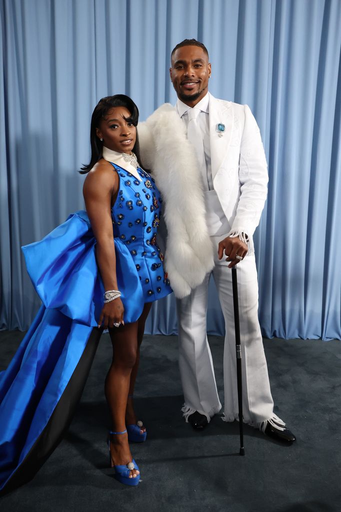 Simone Biles and Jonathan Owens attend the 2025 Met Gala Celebrating "Superfine: Tailoring Black Style" at Metropolitan Museum of Art on May 05, 2025 in New York City