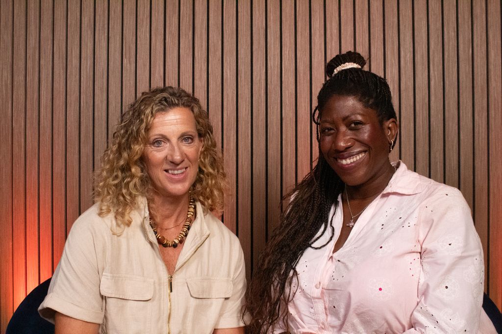 Sally Gunnell and Ateh Jewel smiling in a wooden podcast studio
