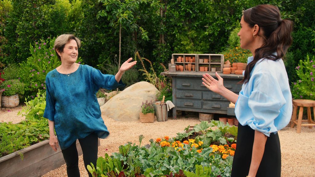 Alice Waters, Meghan, Duchess of Sussex in episode 108 of With Love, Meghan. Cr. Courtesy of Netflix© 2024