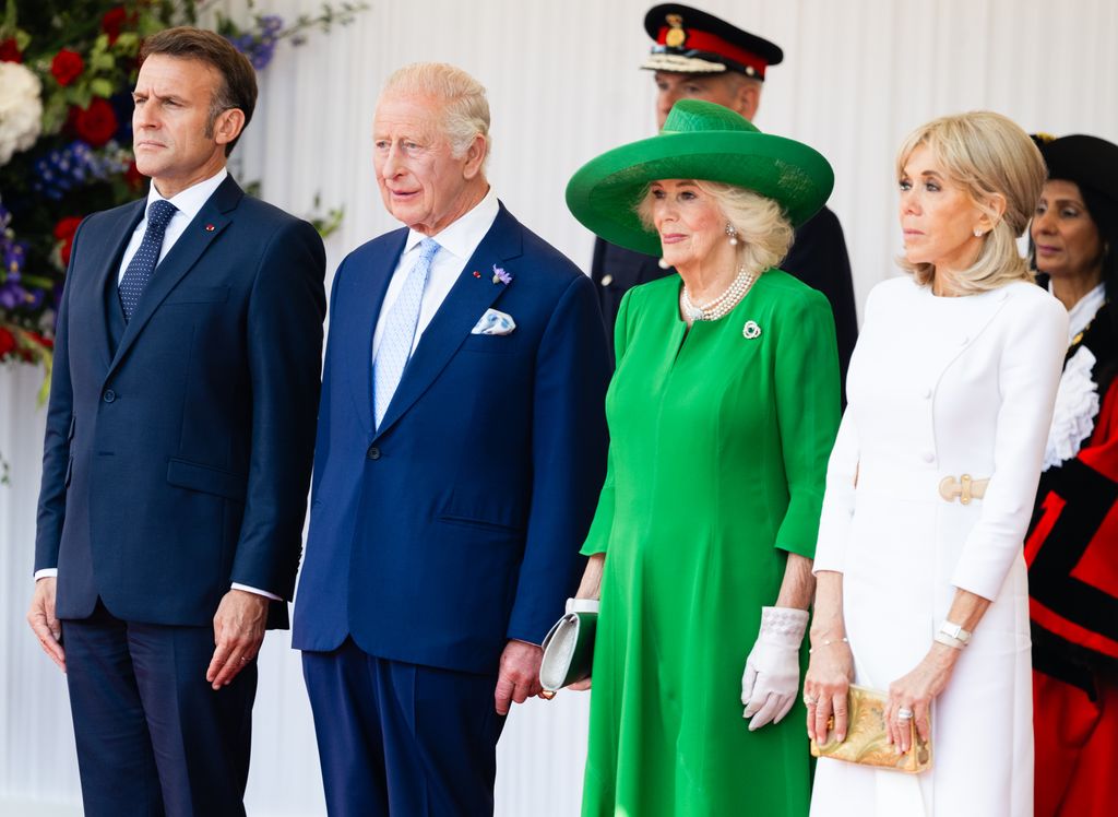 : President of France, Emmanuel Macron, King Charles III, Queen Camilla and Brigitte Macron on the Royal Dais at Datchet Road on July 08, 2025 in Windsor, England.
