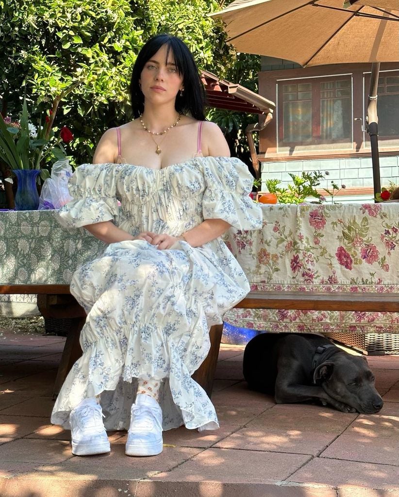 Billie Eilish in white and blue floral dress sitting on picnic bench 