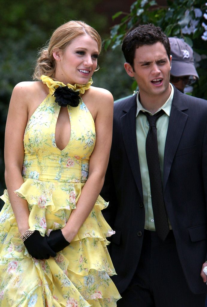 Blake Lively and Penn Badgley film on the set of "Gossip Girl" on April 30, 2008 in New York City
