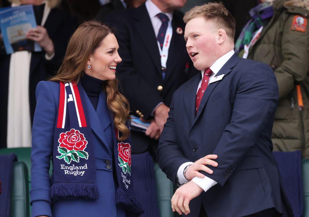 Catherine, princesse de Galles et patronne de la RFU, et Fin Baxter d'Angleterre assistent au match Guinness des Six Nations 2026 entre l'Angleterre et l'Irlande à l'Allianz Stadium le 21 février 2026 à Londres, en Angleterre. (Photo de David Rogers/Getty Images)