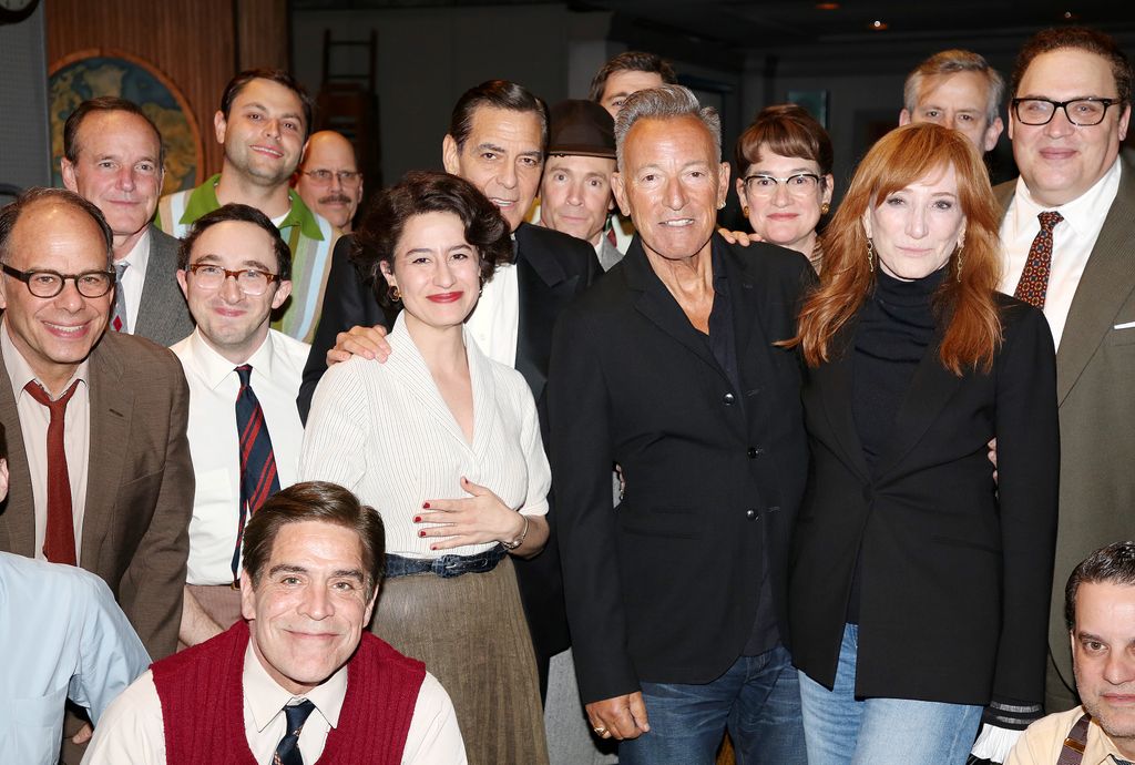 Bruce Springsteen and Patti Scialfa pose with George Clooney & the cast backstage at the hit play "Good Night, and Good Luck" on Broadway at The Winter Garden Theatre on May 1, 2025 in New York City.