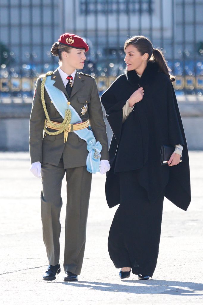 Queen Letizia of Spain and Crown Princess Leonor of Spain arrived at the Pascua Militar ceremony 
