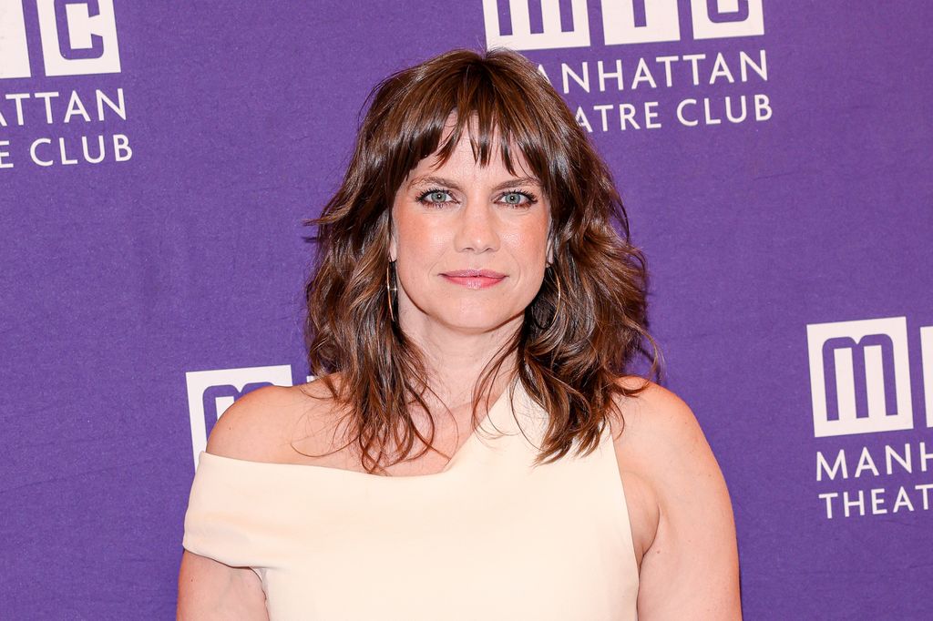 Anna Chlumsky one shouldered dress, dark hair, smiling with makeup 