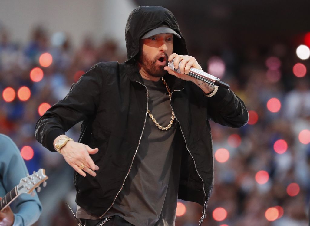 American rapper Eminem performs in the Pepsi Super Bowl LVI Halftime Show during Super Bowl LVI between the Cincinnati Bengals and Los Angeles Rams at SoFi Stadium in Los Angeles on Sunday, February 13, 2022