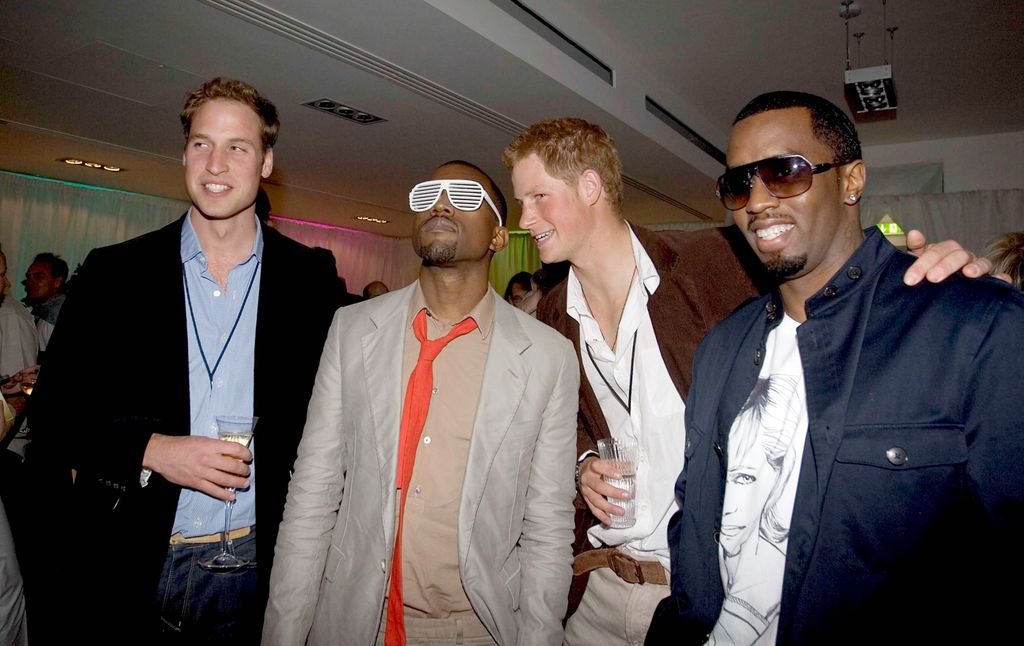 LONDON, ENGLAND - JULY 1: (NO PUBLICATION IN UK MEDIA FOR 28 DAYS) Prince William and Prince Harry meet P Diddy and Kanye West at the after concert party the Princes hosted to thank all who took part in the 'Concert for Diana' at Wembley Stadium, July 1, 2007 in London, England. (Photo by POOL/ Tim Graham Picture Library/Getty Images)