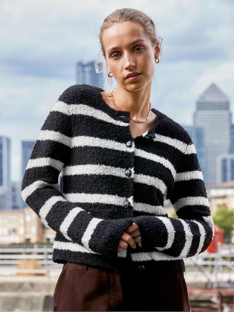 Ro&Zo Black Mono Stripe Boucle Cardigan