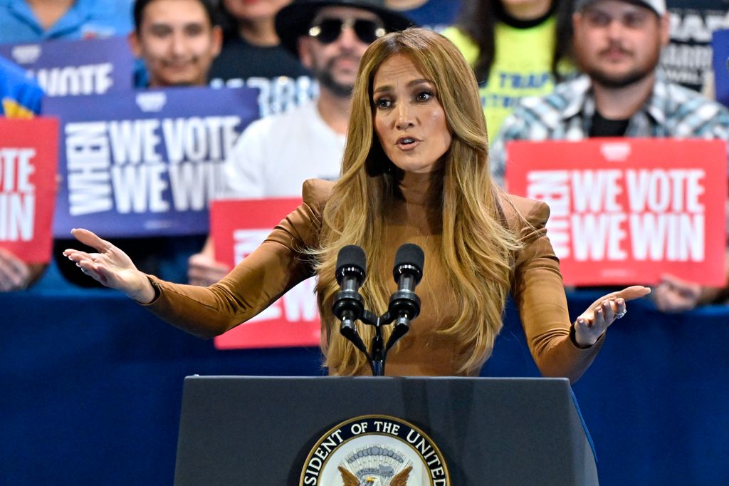 US singer Jennifer Lopez speaks during a campaign rally for US Vice President and Democratic presidential candidate Kamala Harris