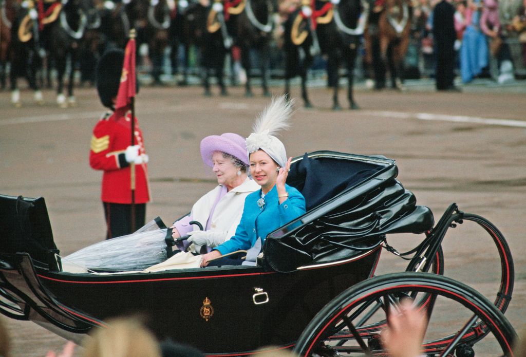 LONDON, UNITED KINGDOM - JUNE 12:  Princess Margaret And The Queen Mother In A Carriage At Trooping The Colour.  (Photo by Tim Graham Photo Library via Getty Images)