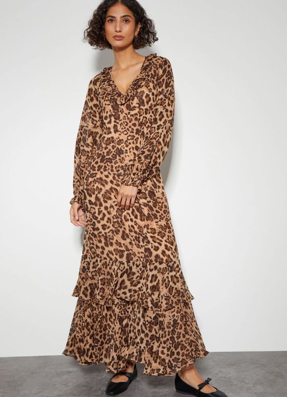 Monsoon Rowena Vestido com babados com estampa de leopardo Marrom