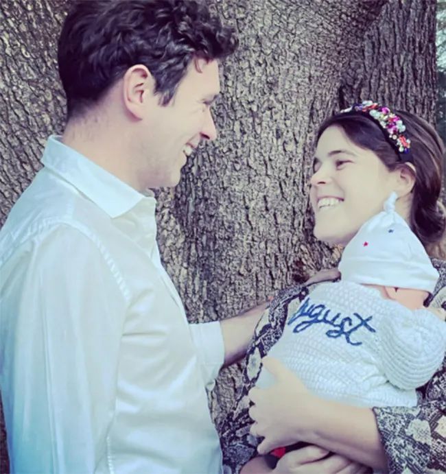 princess eugenie with husband jack cuddling baby august