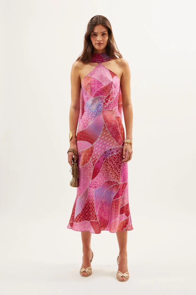 rixo Hayley Silk Midi Dress in pink patchwork print