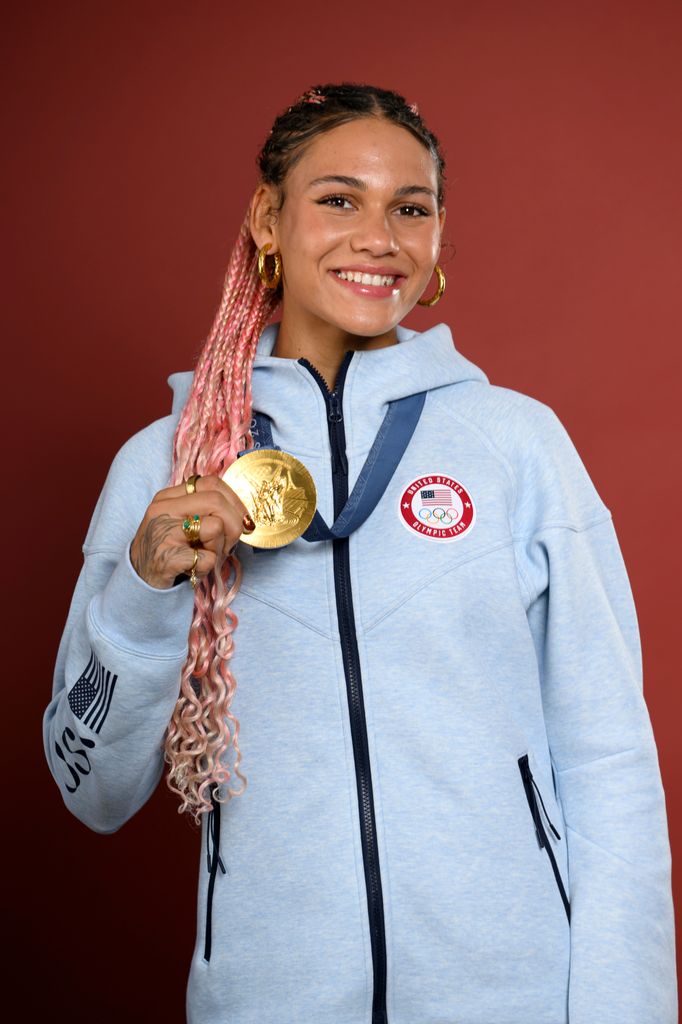 Olympian Trinity Rodman of Team United States poses on the Today Show Set on August 11, 2024 in Paris, France