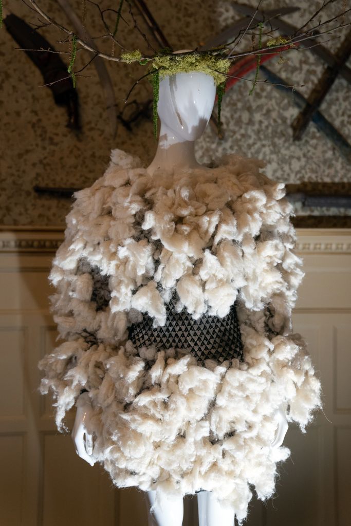 A tufted Nettle Dress made from Highgrove and Sandringham nettle and a recycled yarn mesh on display at Sandringham House, 