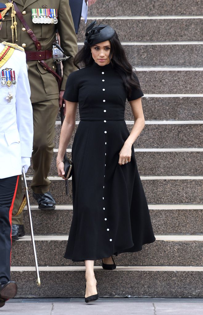 Meghan, Duchess of Sussex wearing black Emilia Wickstead dress at ANZAC Memorial 