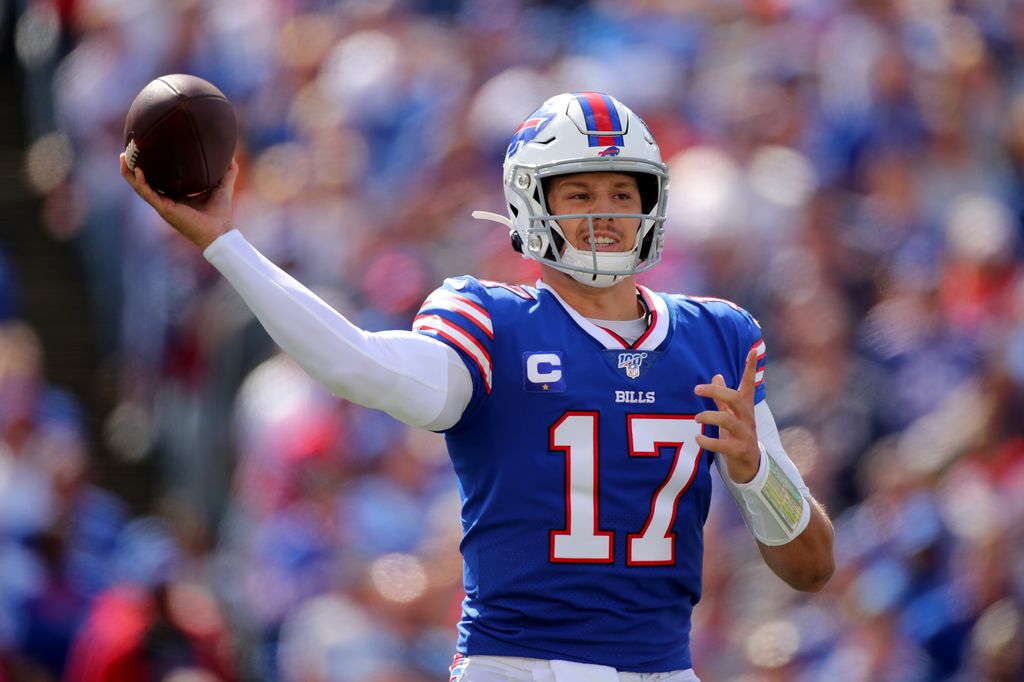Josh Allen #17 of the Buffalo Bills throws a pass against the New England Patriots during the first quarter in the game at New Era Field on September 29, 2019
