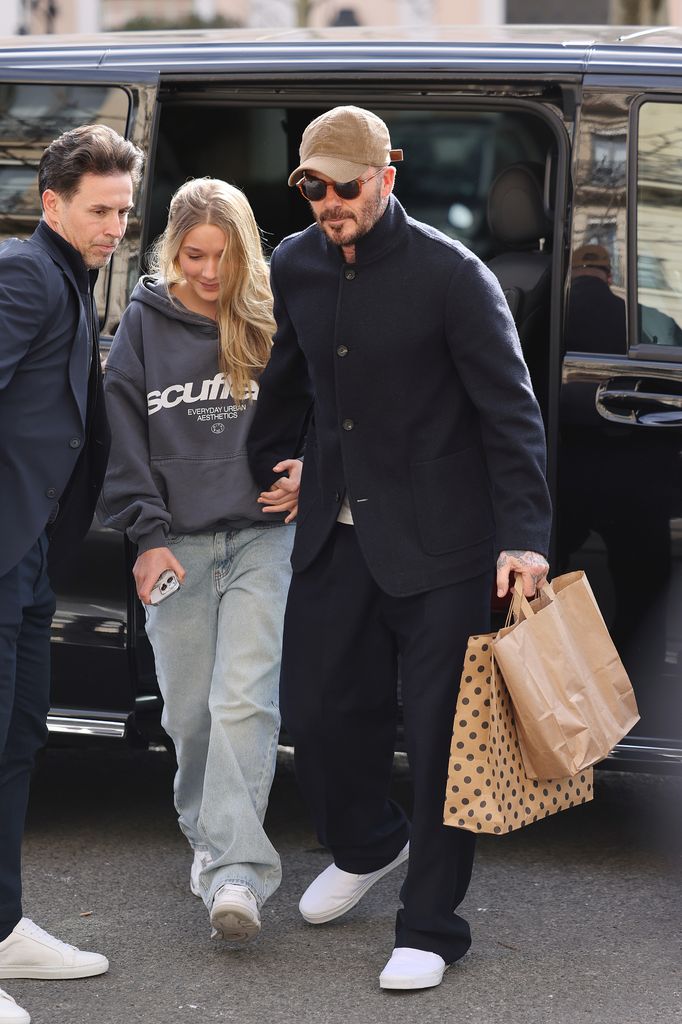 David Beckham and Harper Beckham returning to their hotel during the Womenswear Fall/Winter 2025/2026 as part of Paris Fashion Week on March 07, 2025 in Paris, France.