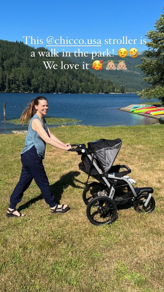 Hilary Swank on a stroll with her newborn twins in a photo shared on Instagram