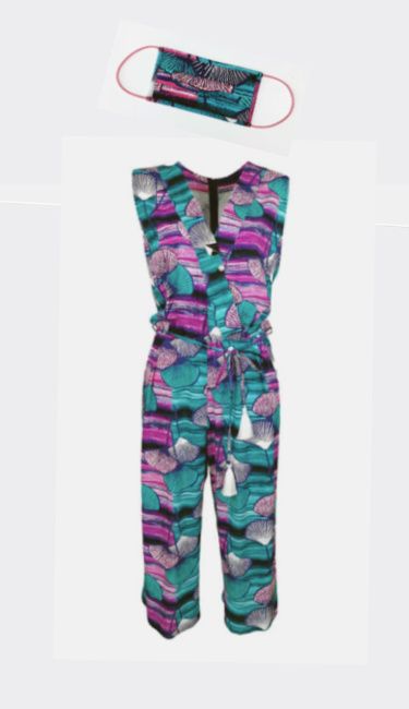 print jumpsuit with matching face mask