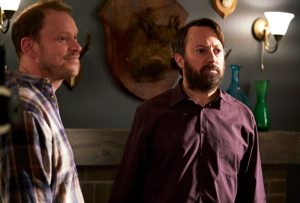 Robert Webb and David Mitchell on the set of Back