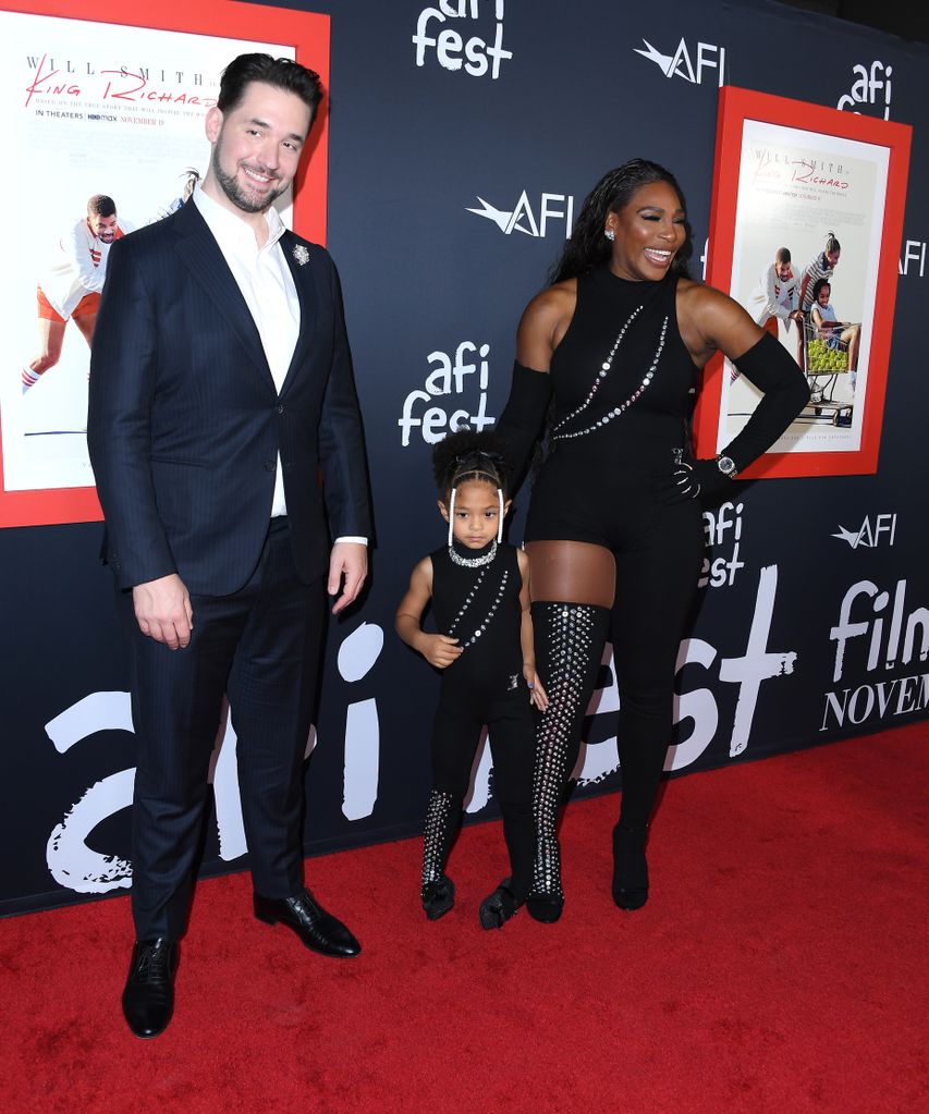 Alexis Ohanian, Olympia Williams and Serena Williams arrives at the 2021 AFI Fest: Closing Night Premiere Of Warner Bros. "King Richard" at TCL Chinese Theatre on November 14, 2021 in Hollywood, California