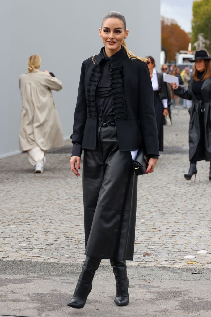 Olivia Palermo wears wide-leg cropped leather trousers at the Christian Dior Womenswear Spring/Summer 2023 show