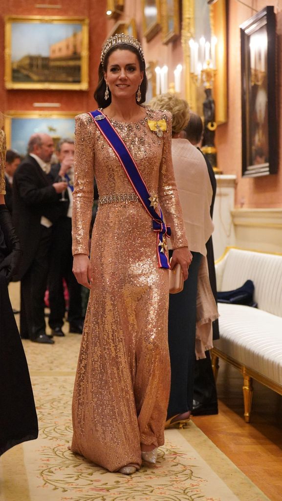 Kate Middleton in pink sequin gown and tiara for diplomatic reception
