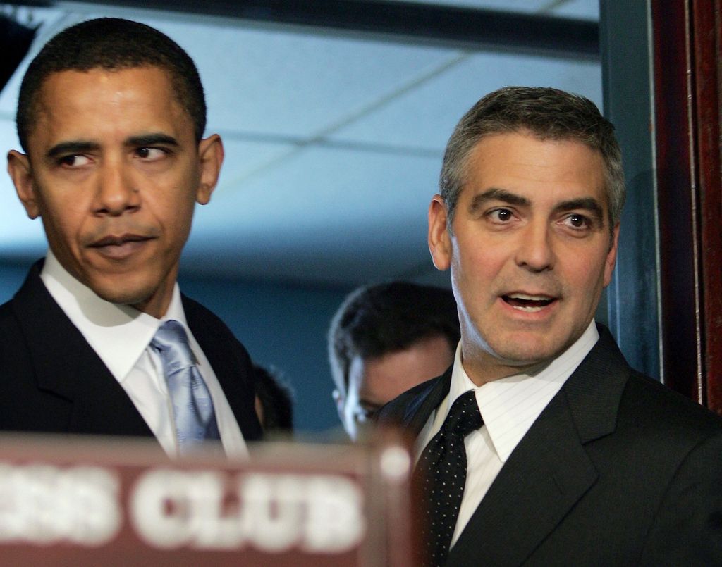 George Clooney (R) and Sen. Barack Obama (L) arrive for the National Press Club Newsmaker's Program April 27, 2006