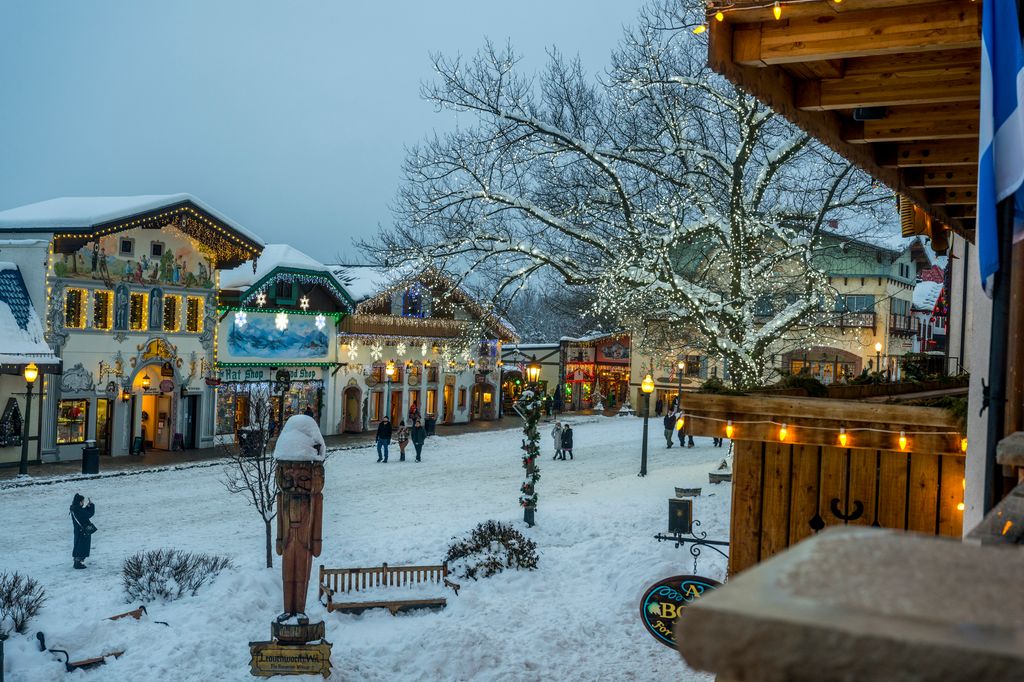 The main street decorated with Christmas lights in winter in downtown Leavenworth, Washington