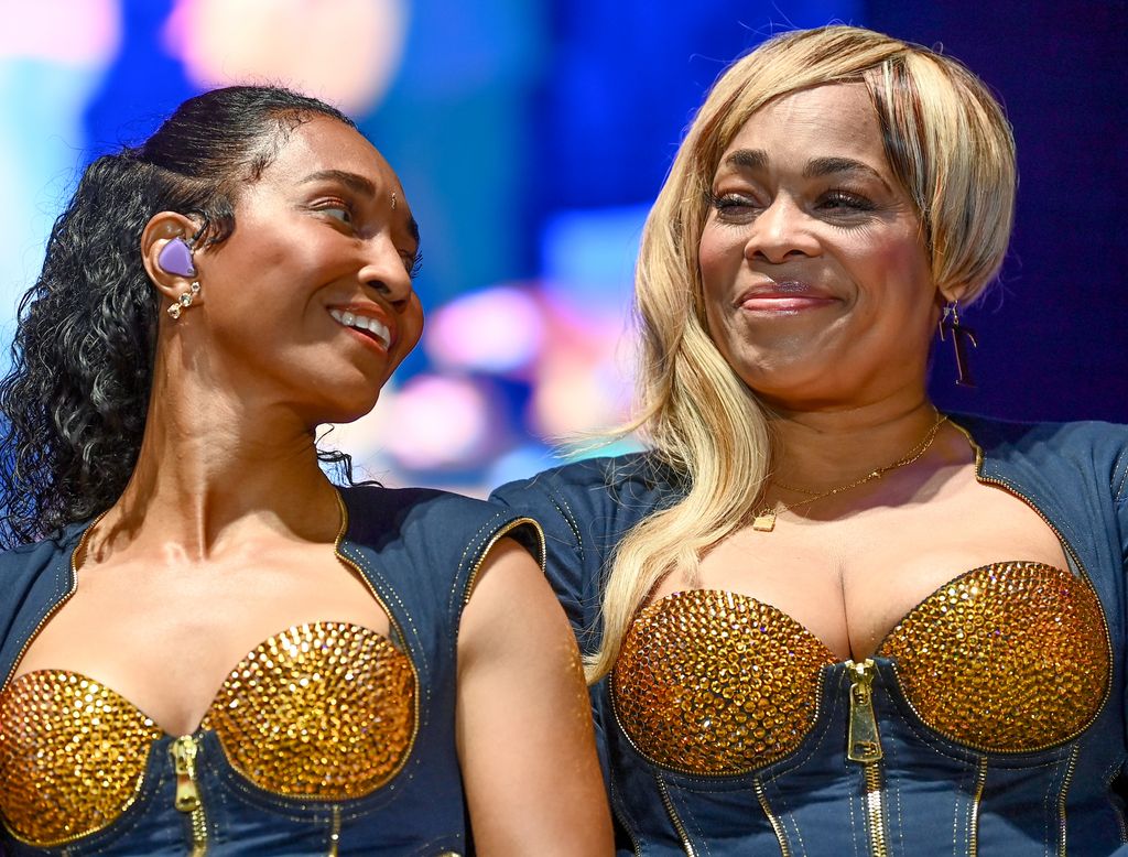 STOCKBRIDGE, GEORGIA - JUNE 08: Rozonda "Chilli" Thomas and Tionne "T-Boz" Watkins of TLC speak onstage during the TLC 30th Anniversary Celebration of "CrazySexyCool" at Stockbridge Amphitheater on June 08, 2024 in Stockbridge, Georgia. (Photo by Paras Griffin/Getty Images)