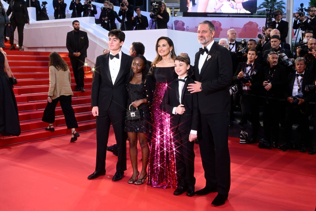 August Miklos Friedrich Hermann, Amaya Josephine Hermann, Mariska Hargitay, Andrew Nicolas Hermann and Peter Hermann attend the "Die My Love" red carpet at the 78th annual Cannes Film Festival at Palais des Festivals on May 17, 2025 in Cannes, France