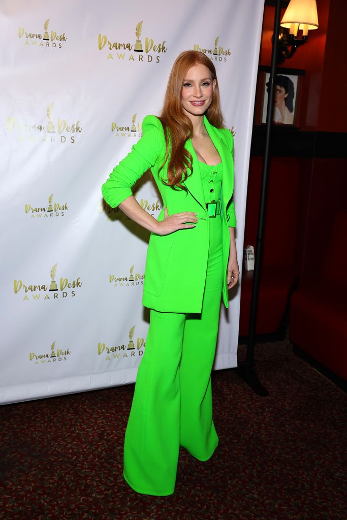 jessica chastain green suit red carpet drama desk awards