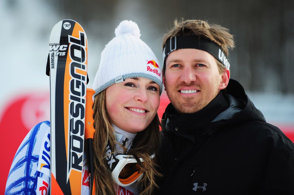 Lindsey Vonn of the United States of America celebrates with her husband Thomas Vonn after winning the Women's Super G event held on the Face de Solaise course on February 3, 2009