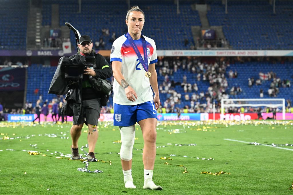 Lucy Bronze of England with the gold medal during the UEFA Women's EURO 2025 Final match between England and Spain at St. Jakob-Park on July 27, 2025 in Basel, Switzerland