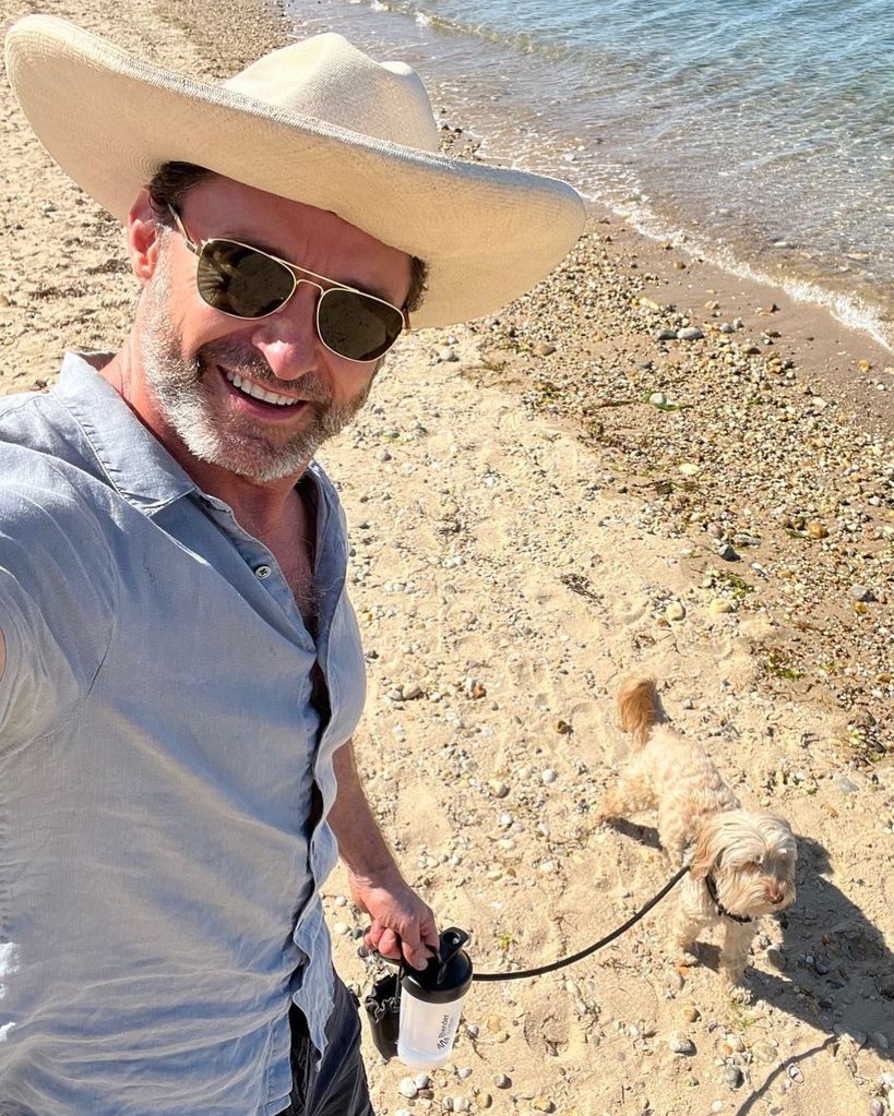Hugh Jackman out walking his dog Allegra in a photo shared on Instagram