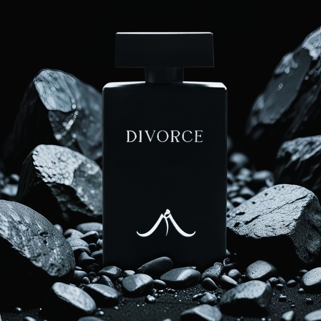 photo of black bottle of perfume named divorce on a bed of leaves