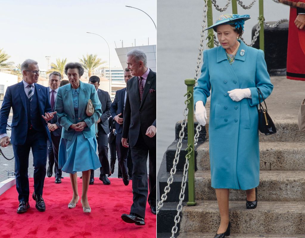 Queen Elizabeth and Princess Anne wearing the same colour