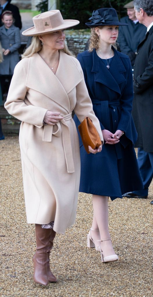 Sophie, Countess of Wessex and Lady Louise Windsor attends the Christmas Day service at St Mary Magdalene Church on December 25, 2022