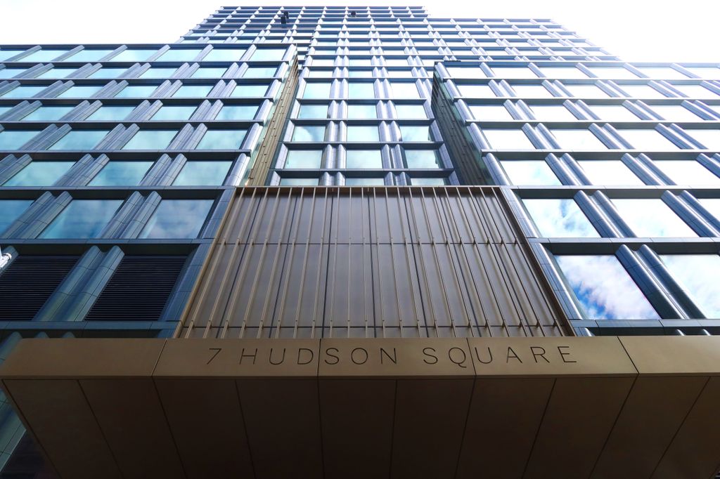 Clouds reflect off the facade of 7 Hudson Square, the new corporate headquarters for Disney and the ABC Television Network on March 31, 2024, in New York City