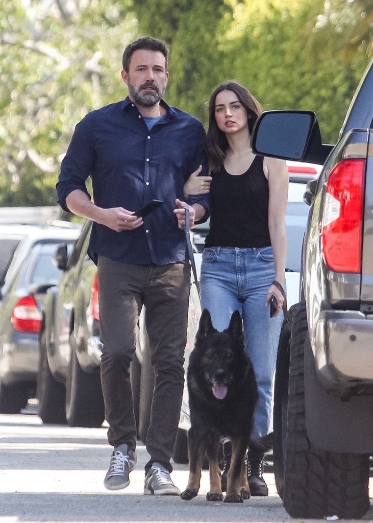 Ben Affleck and Ana de Armas walk their dogs on April 01, 2020 in Los Angeles, California