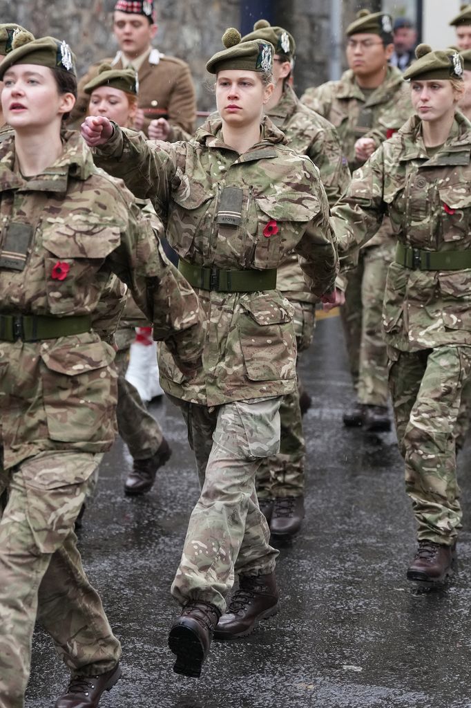 *Lady Louise Windsor marches with the A Squadron, Students of Tayforth UOTR from the University of St. Andrews, in the Remembrance Sunday Parade at St Andrews on the 9th November, 2025.