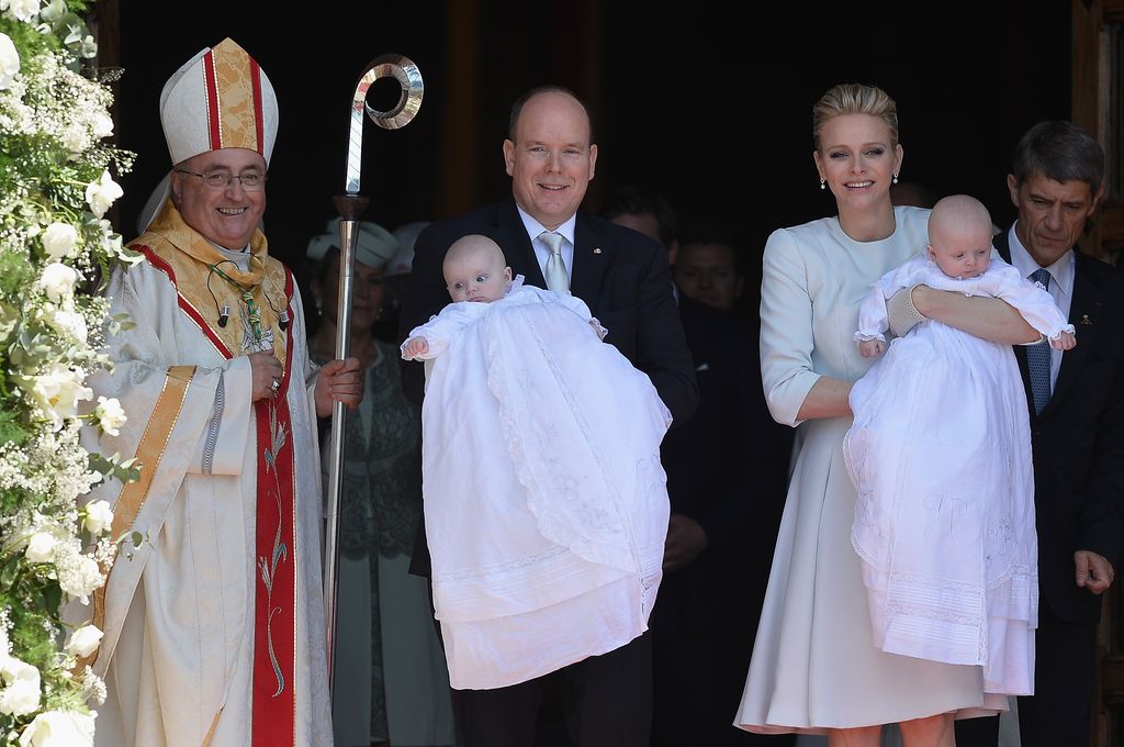 Prince Albert II of Monaco, Princess Gabriella of Monaco, Prince Jacques of Monaco and Princess Charlene of Monaco attend The Baptism Of The Princely Children at The Monaco Cathedral 