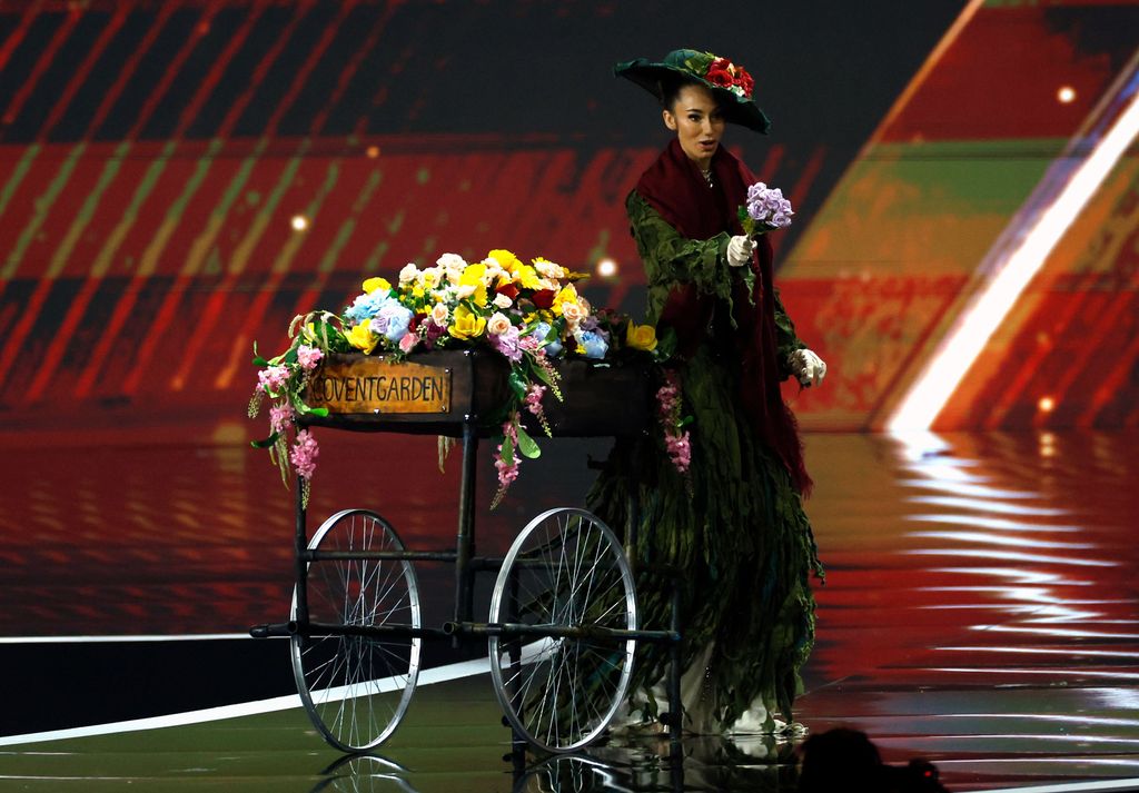 Miss Great Britain Danielle Latimer competes in the Miss Universe 2025 national costume competition dresses as Eliza Doolittle from My Fair Lady