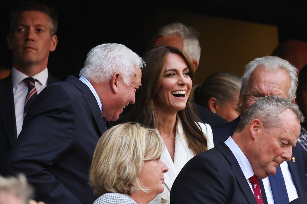 Kate laughing in the crowd at the rugby World Cup Quarter Final match 
