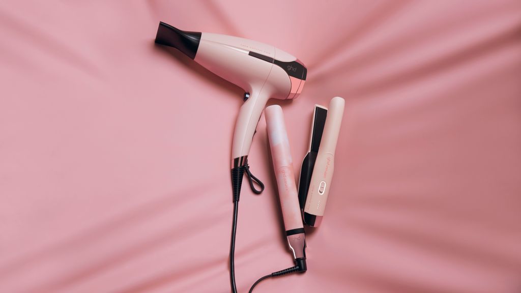 pink ghd hairdryer and straightners