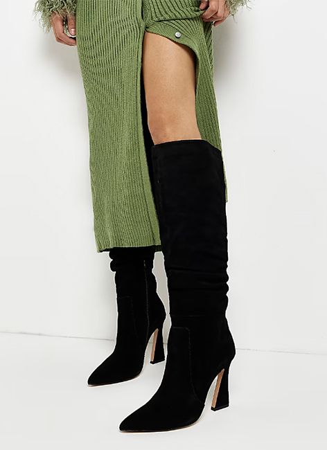 river island black suede knee high boots 